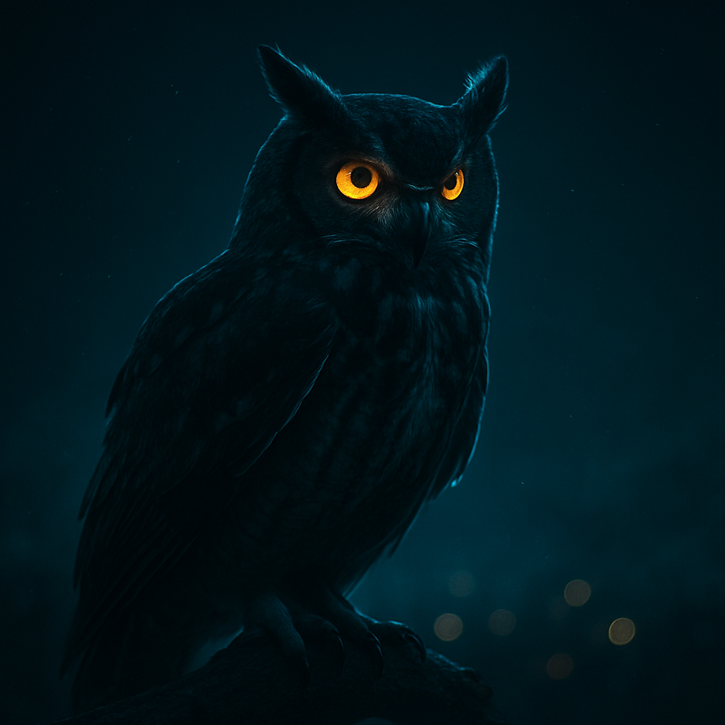 A watchful owl illuminated against a deep night sky, representing Nightowl working through the night